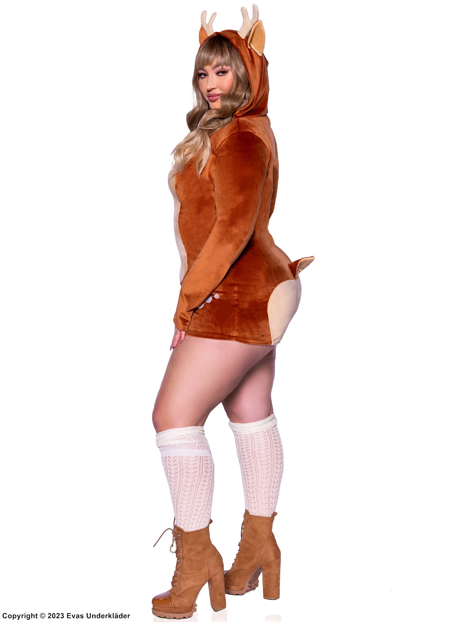 Fawn, costume romper, long sleeves, front zipper, tail, small dots, plus size